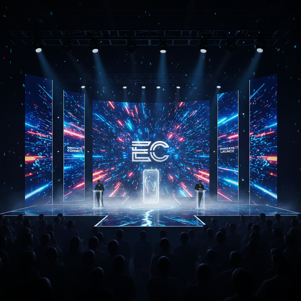 Escenario corporativo con una gran pantalla LED
